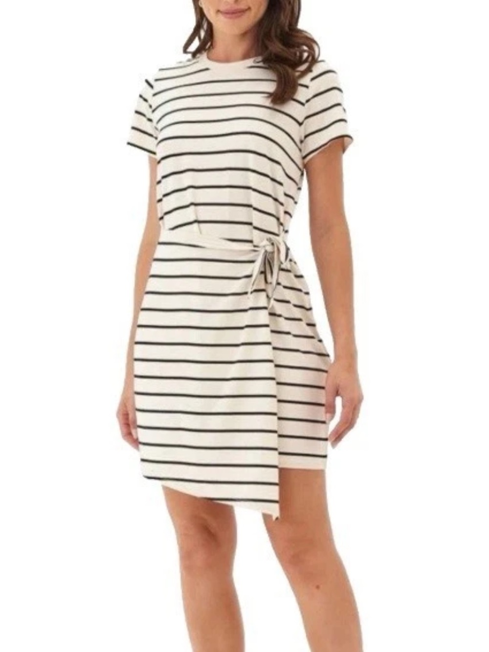 Threads 4 Thought White Dress with Black Stripes - Tie-Waist Mini